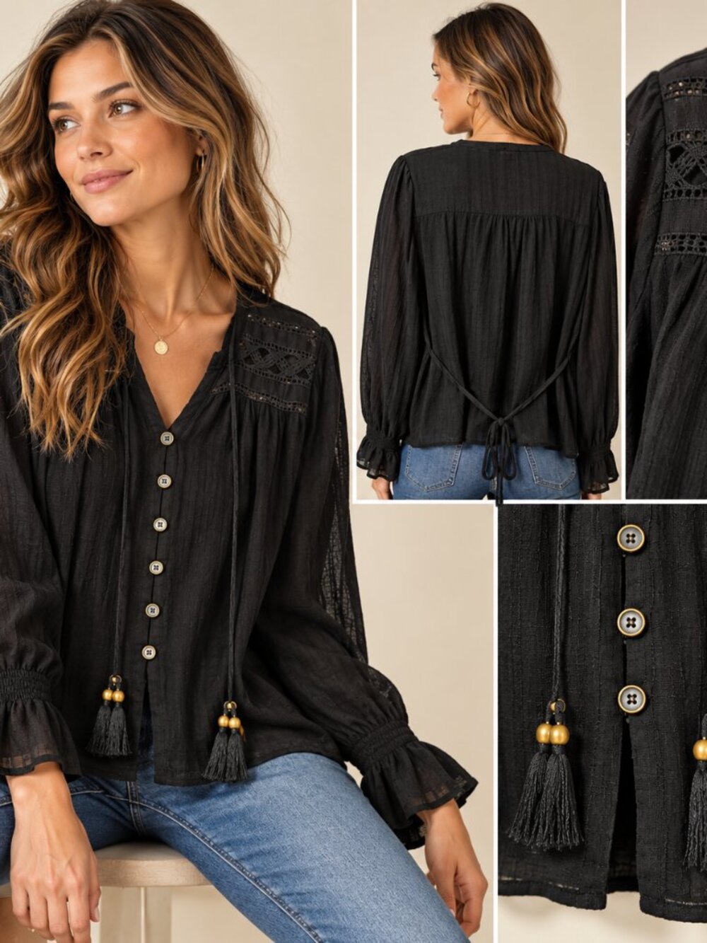American Rag Cie Black Boho Blouse M Crochet Lace Tassel Bell Sleeve Whimsigoth